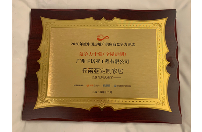 卡诺亚获2020年度中国房地产供应商竞争力十强